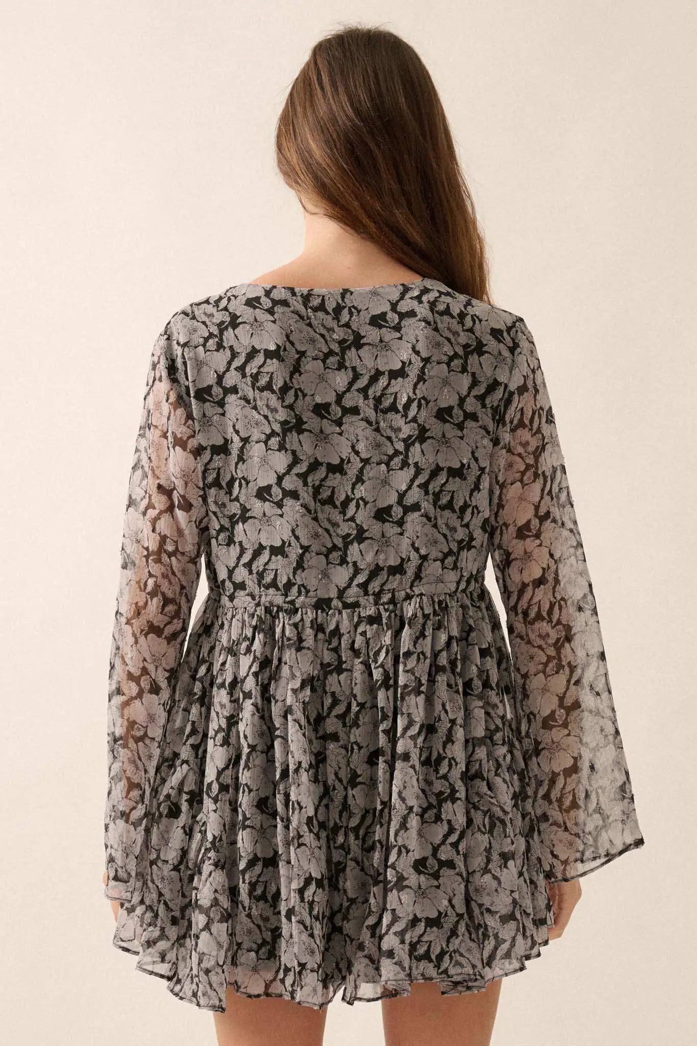 Babydoll Bouquet Floral Chiffon Bell-Sleeve Romper