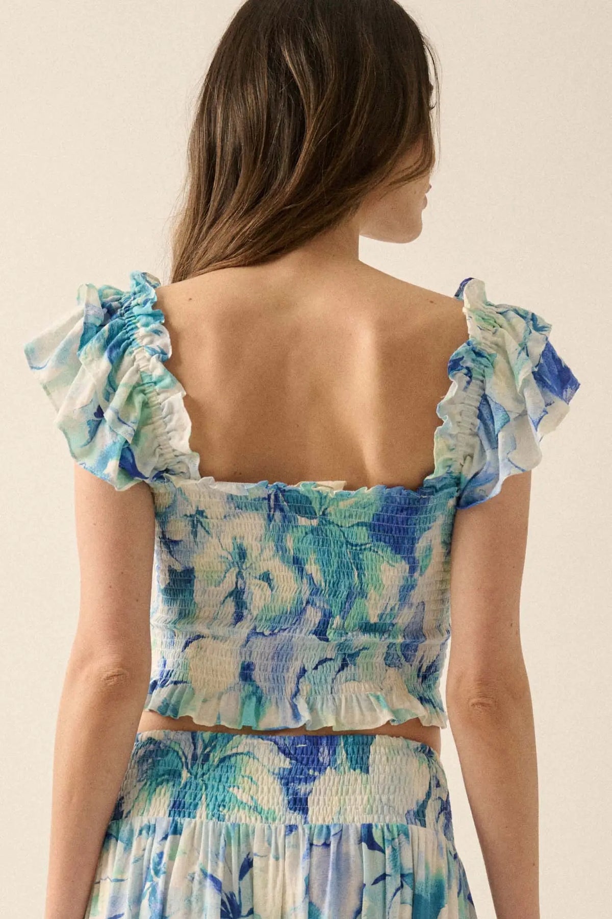 Sapphire Garden Floral Smocked Ruffle Crop Top