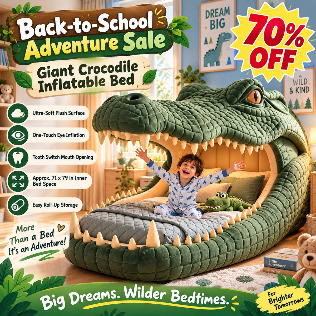 🐊 Giant Crocodile Inflatable Bed 🛏️ – One-Touch Kids Adventure Sleep & Reading Hideaway