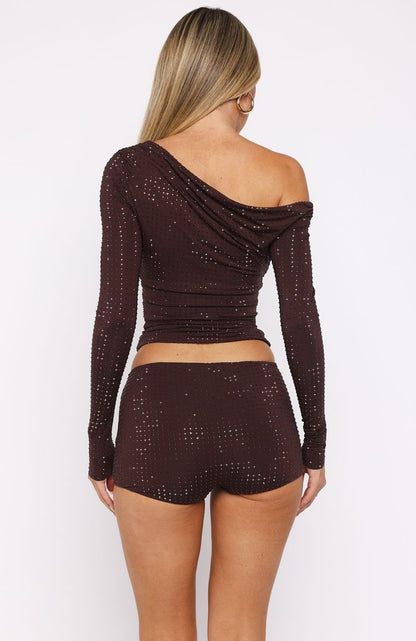 Tempted Heart Embellished Mini Shorts Chocolate