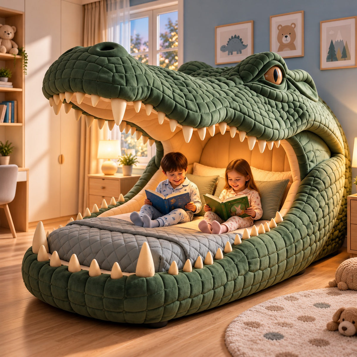 🐊 Giant Crocodile Inflatable Bed 🛏️ – One-Touch Kids Adventure Sleep & Reading Hideaway