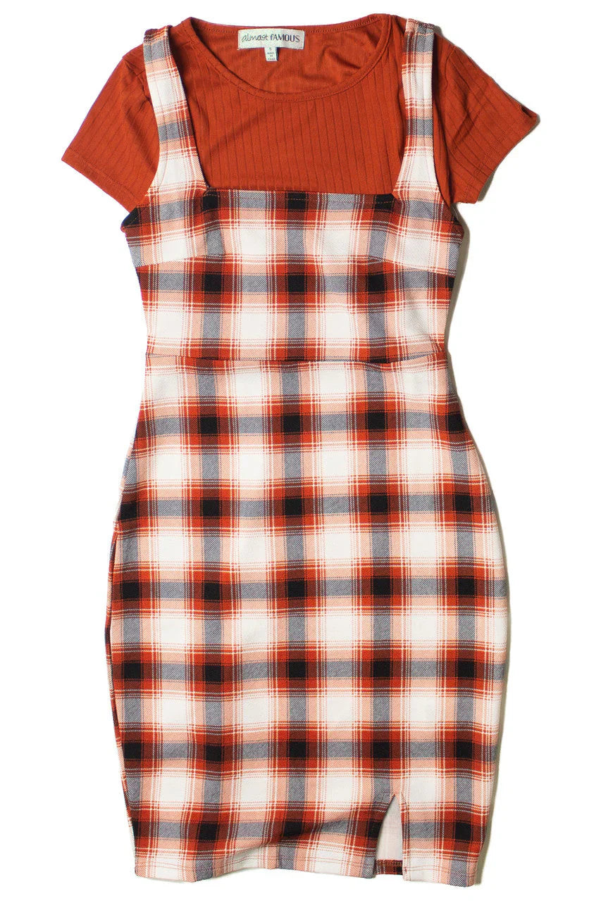 2 Piece Burnt Umber Plaid Mini Dress With Tee