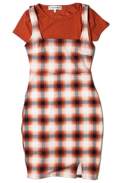 2 Piece Burnt Umber Plaid Mini Dress With Tee