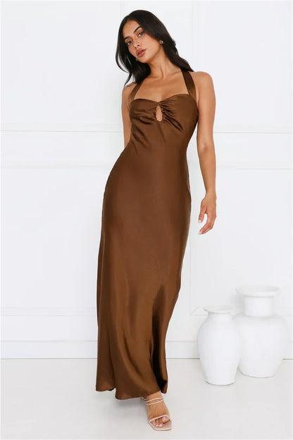 Ambiance Of The Night Halter Satin Maxi Dress Brown