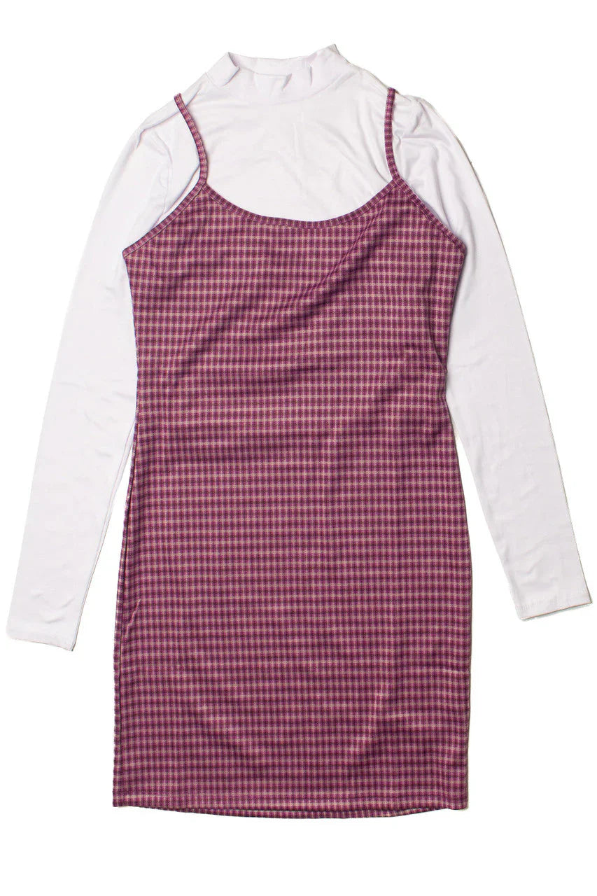 2 Piece Plaid Mini Dress With Long Sleeve Tee