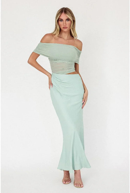 Amaya Mesh One Sleeve Satin Skirt Maxi Dress - Sage Green