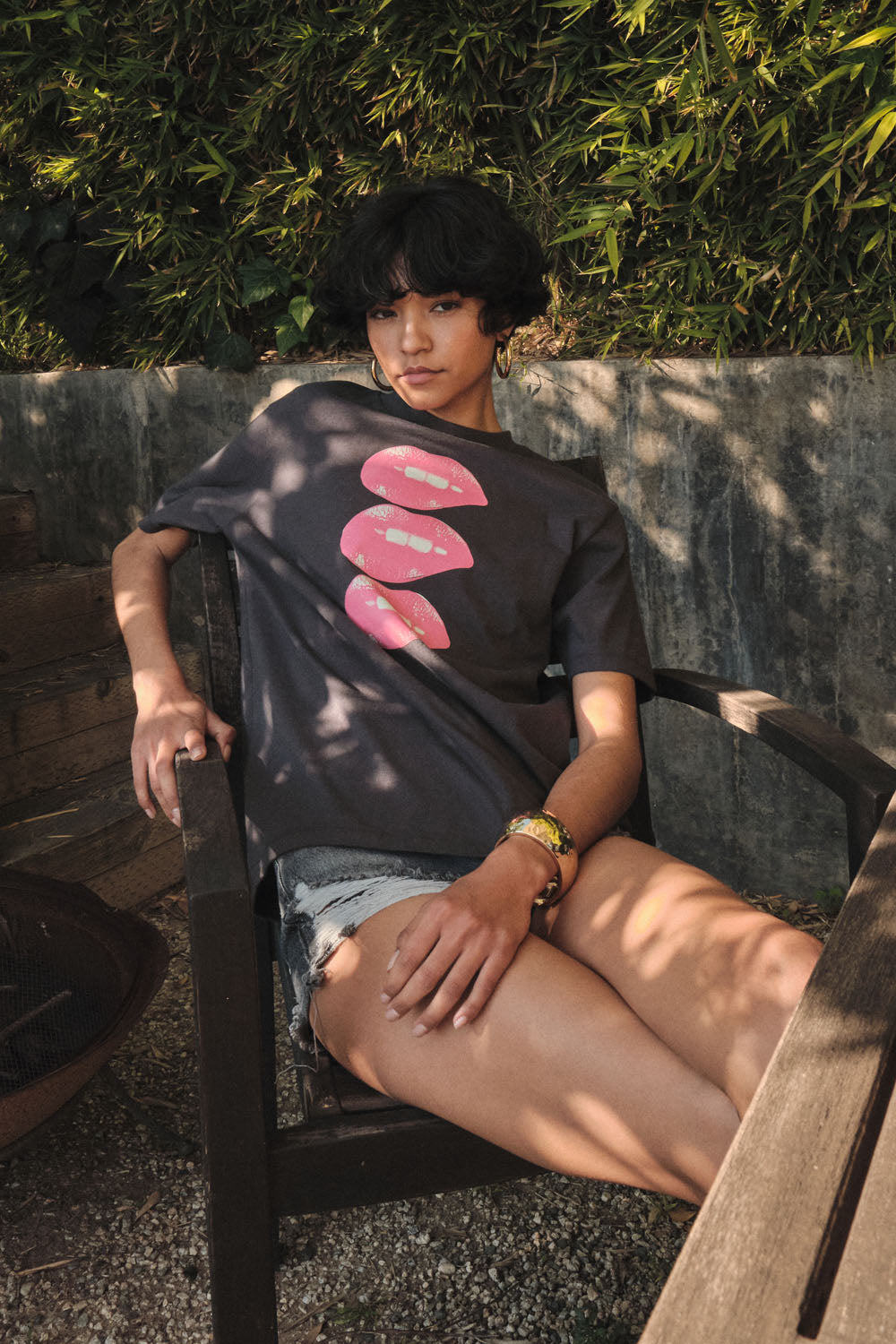 Lip Bite Vintage-Print Garment-Dyed Graphic Tee