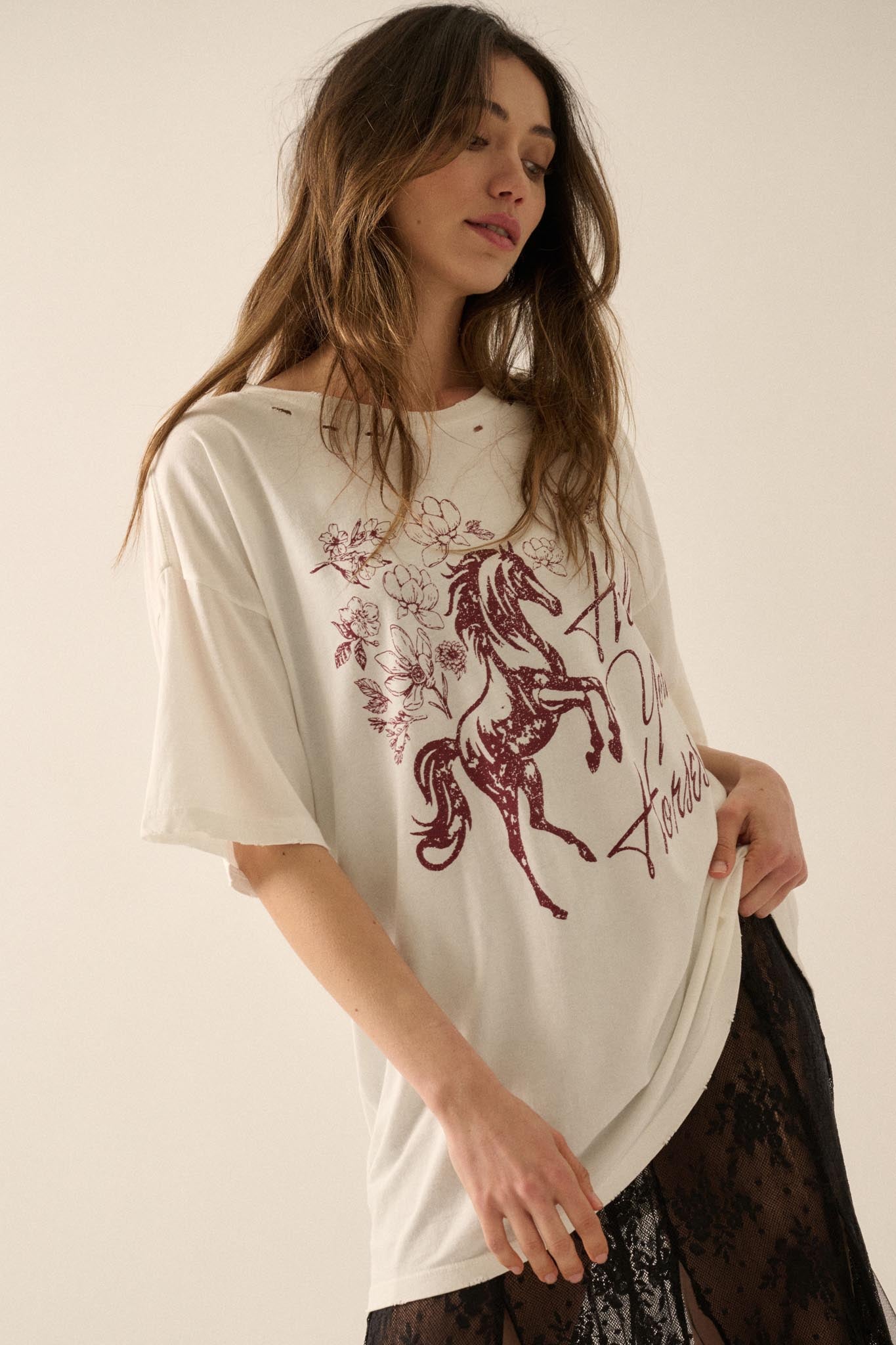Hold Your Horses Distressed Floral Graphic Tee