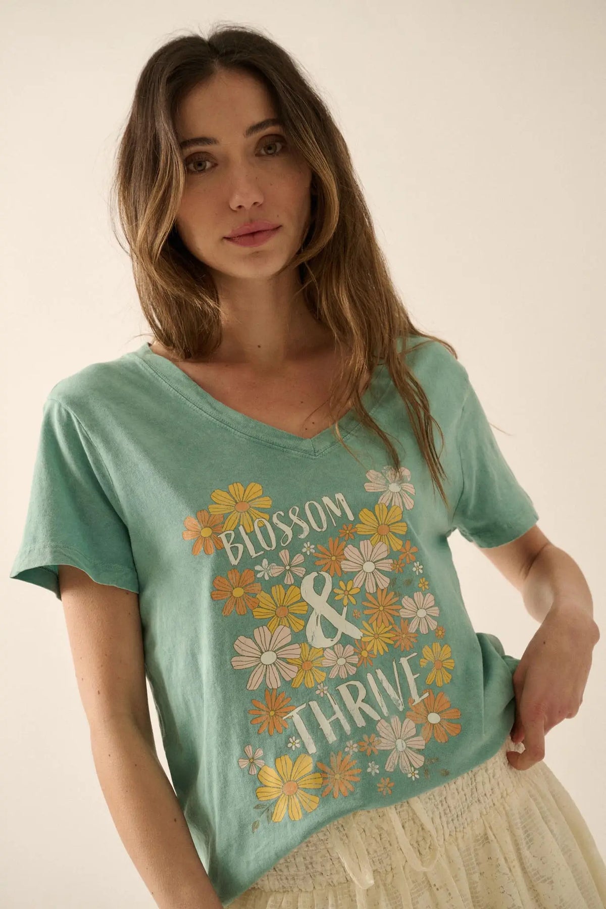 Blossom & Thrive Floral V-Neck Graphic Tee