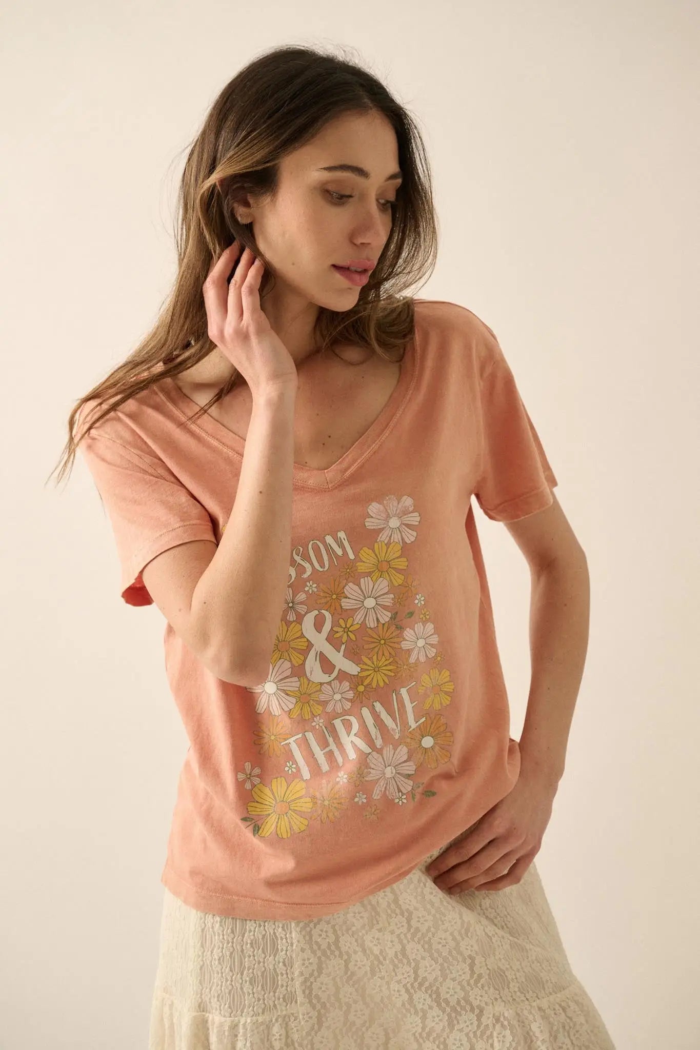Blossom & Thrive Floral V-Neck Graphic Tee