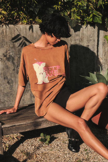 Bite the Apple Distressed Oversize Graphic Tee