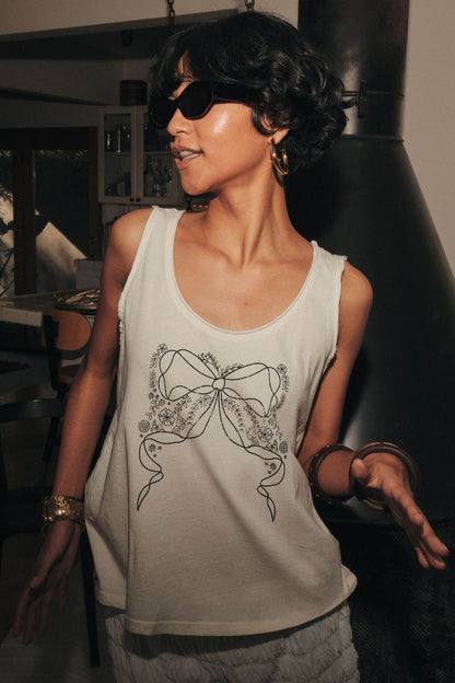 Bowed Beauty Raw-Edge Floral Graphic Tank Top