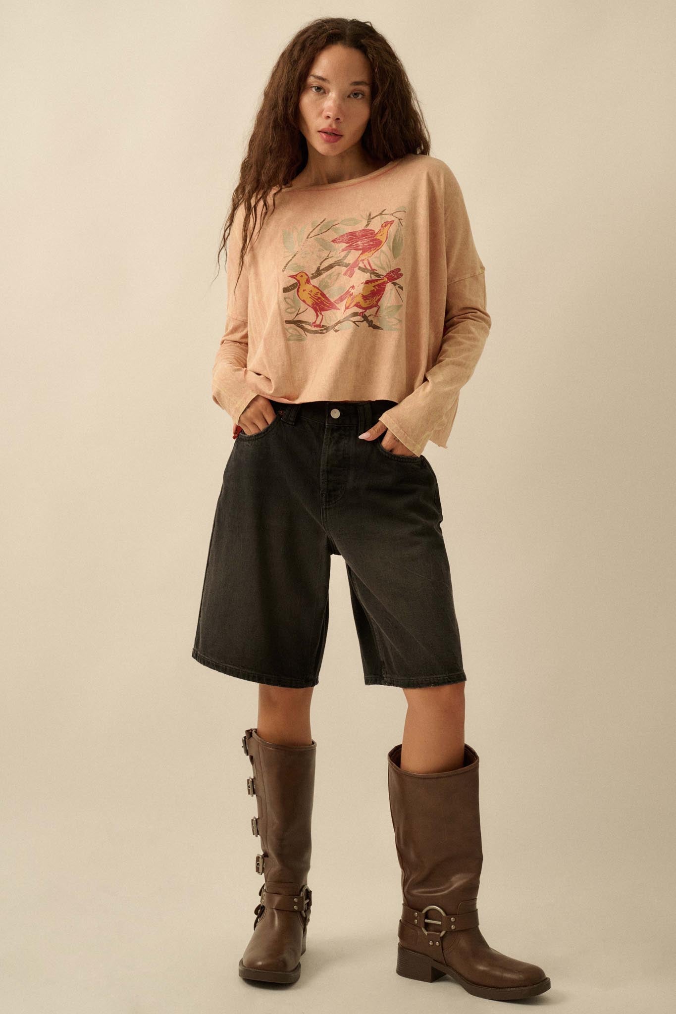 Bird Watching Vintage-Wash Long-Sleeve Graphic Tee