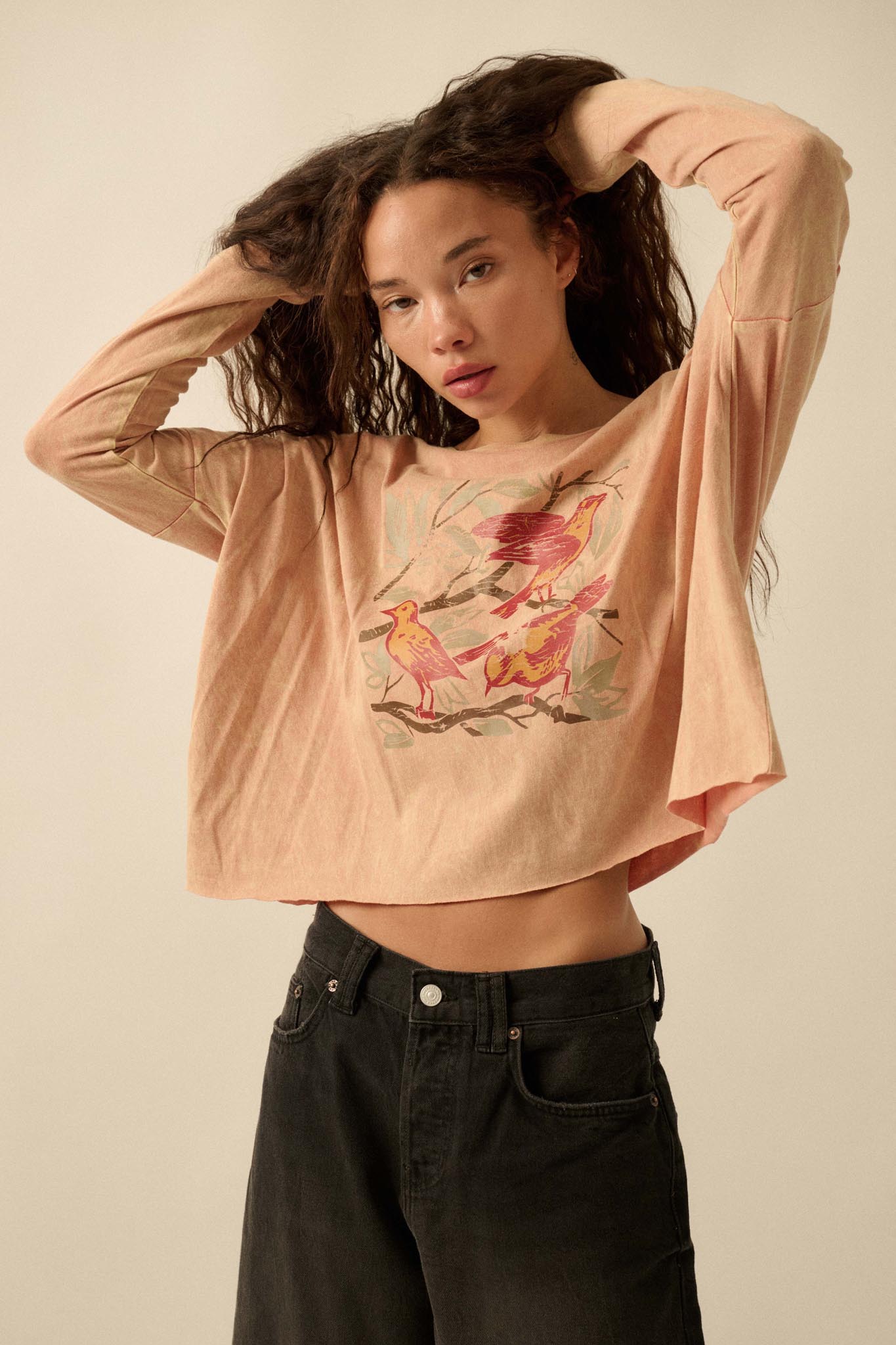 Bird Watching Vintage-Wash Long-Sleeve Graphic Tee