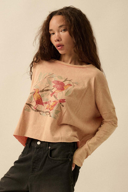 Bird Watching Vintage-Wash Long-Sleeve Graphic Tee