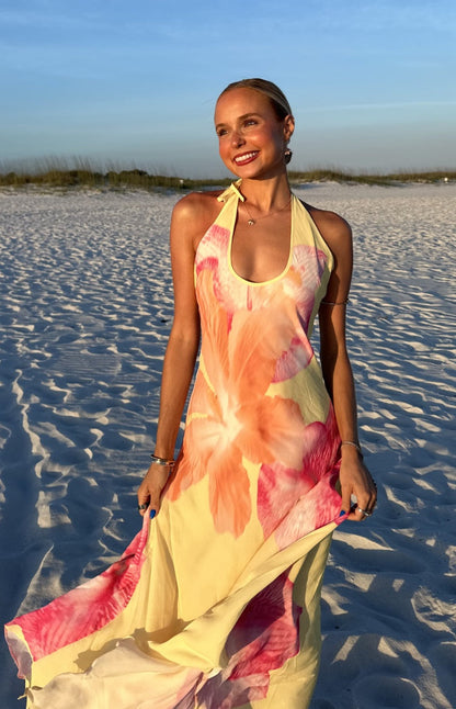 Elowen Yellow Hibiscus Floral Halter Maxi Dress
