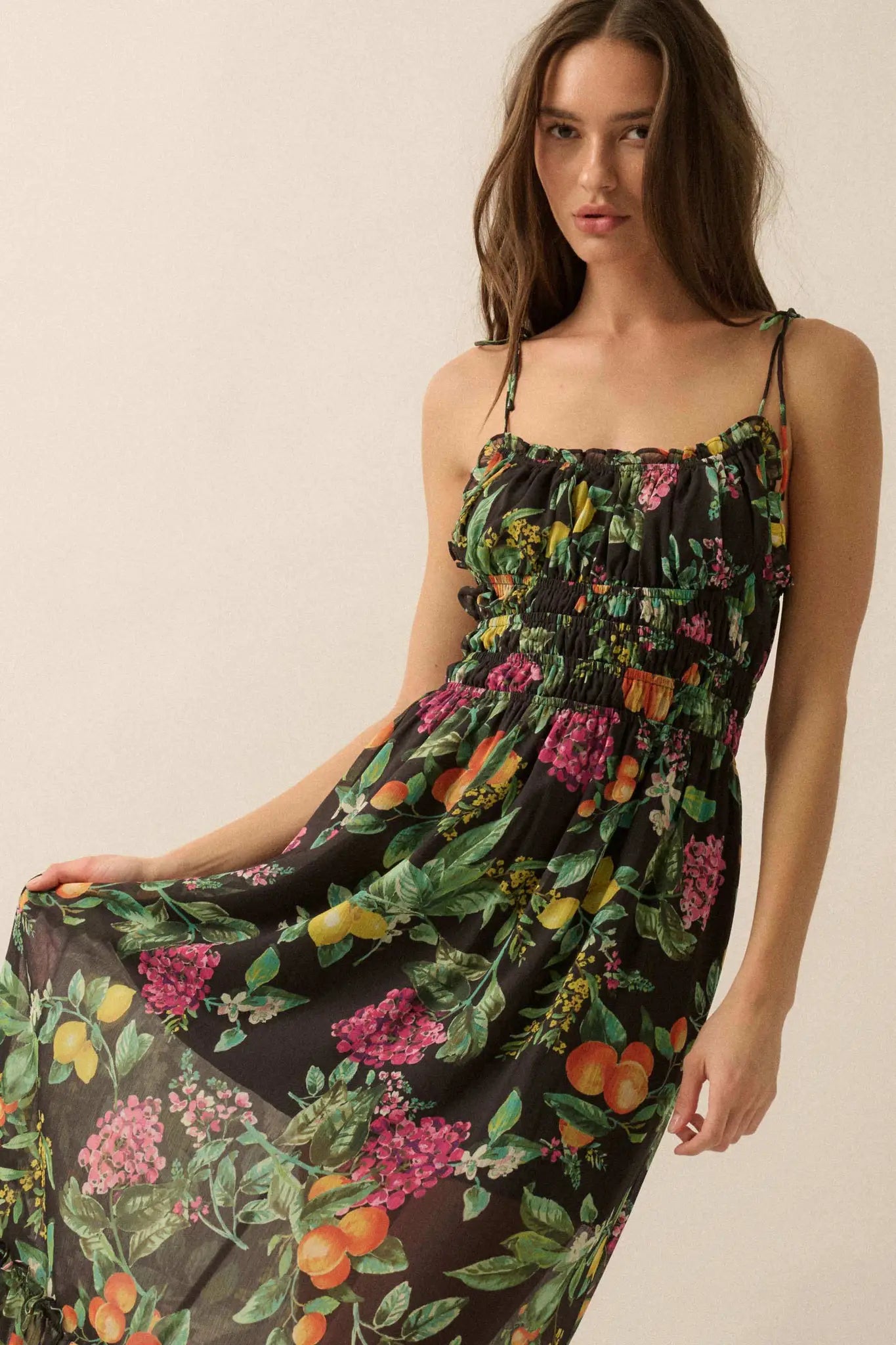 Luscious Life Fruit-Print Gathered Maxi Dress