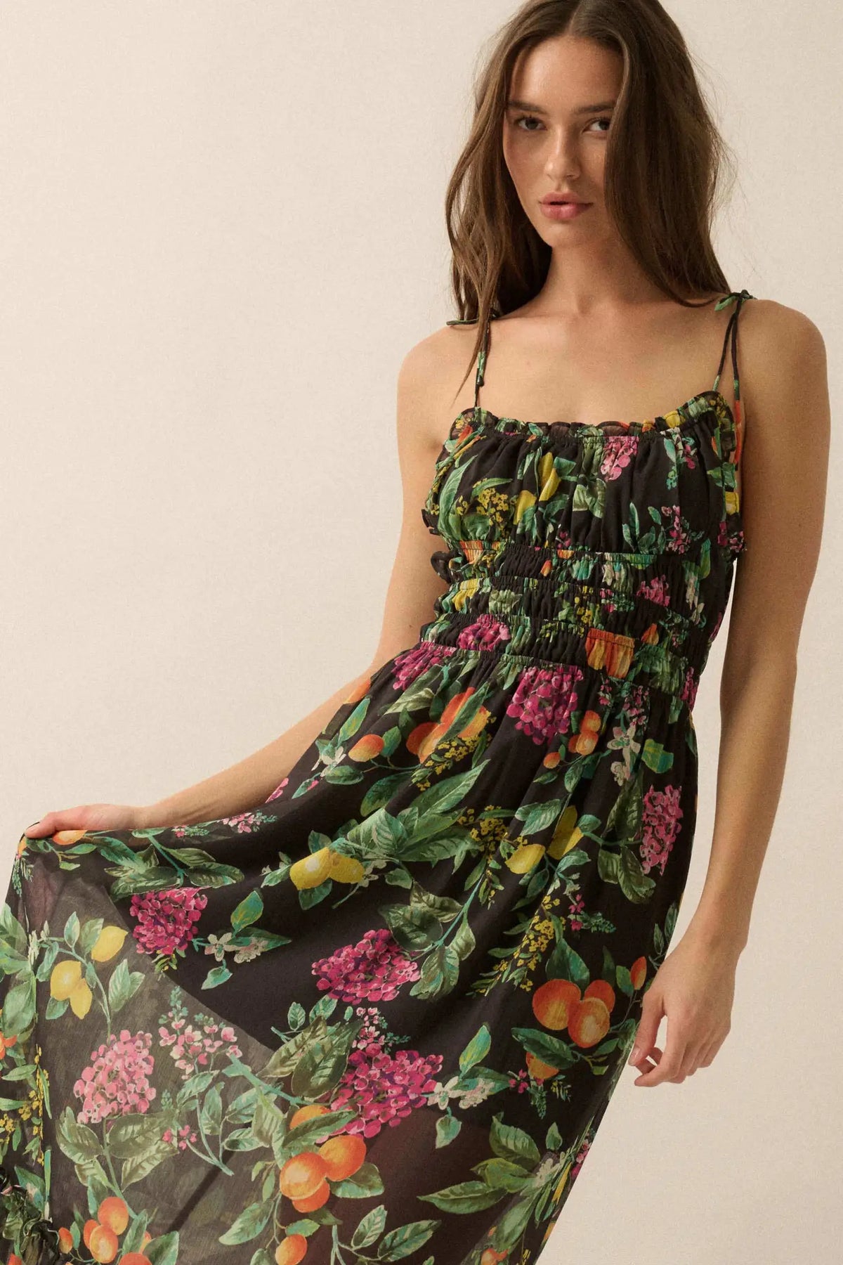 Luscious Life Fruit-Print Gathered Maxi Dress