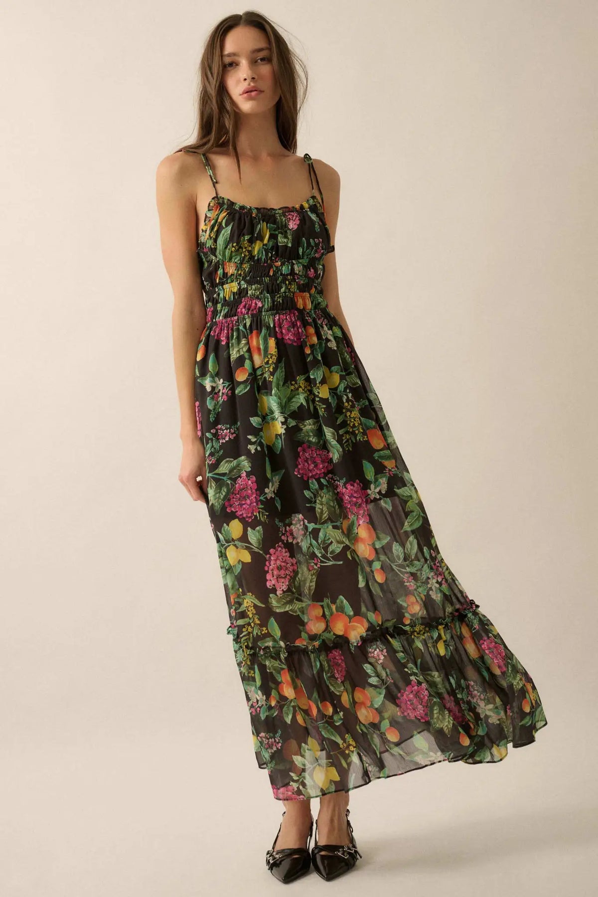 Luscious Life Fruit-Print Gathered Maxi Dress