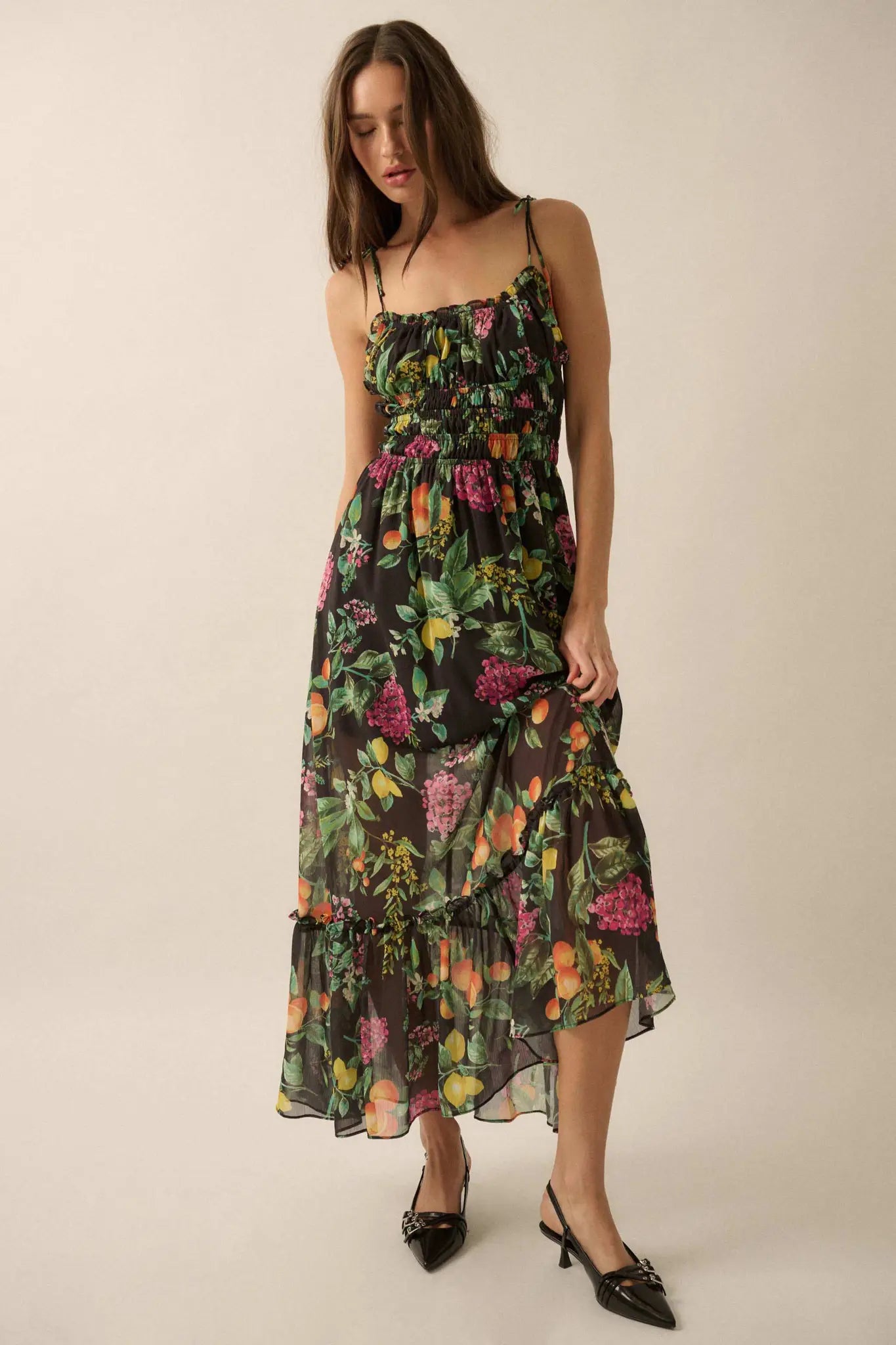 Luscious Life Fruit-Print Gathered Maxi Dress