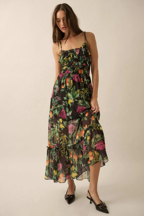 Luscious Life Fruit-Print Gathered Maxi Dress