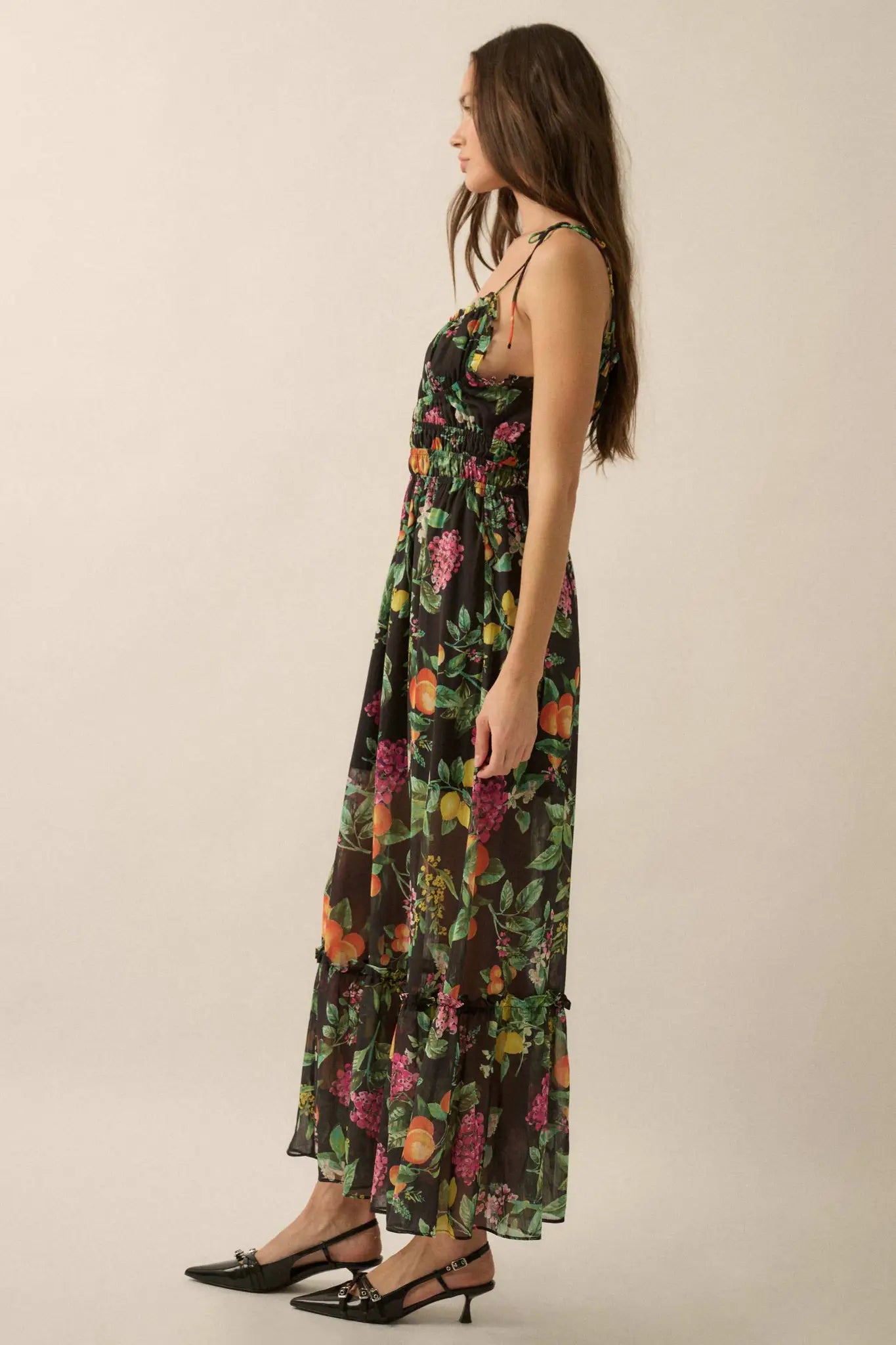Luscious Life Fruit-Print Gathered Maxi Dress