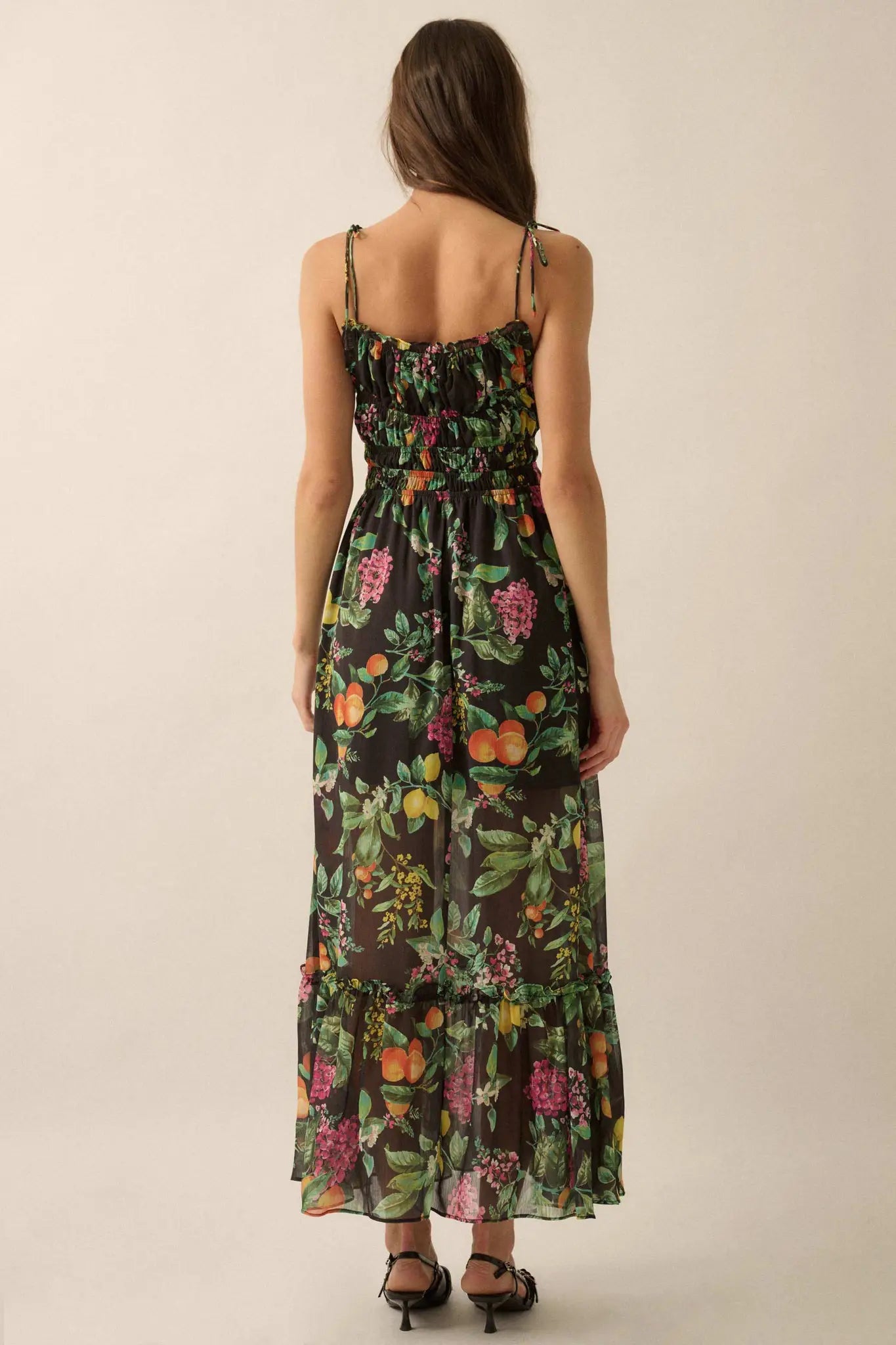 Luscious Life Fruit-Print Gathered Maxi Dress