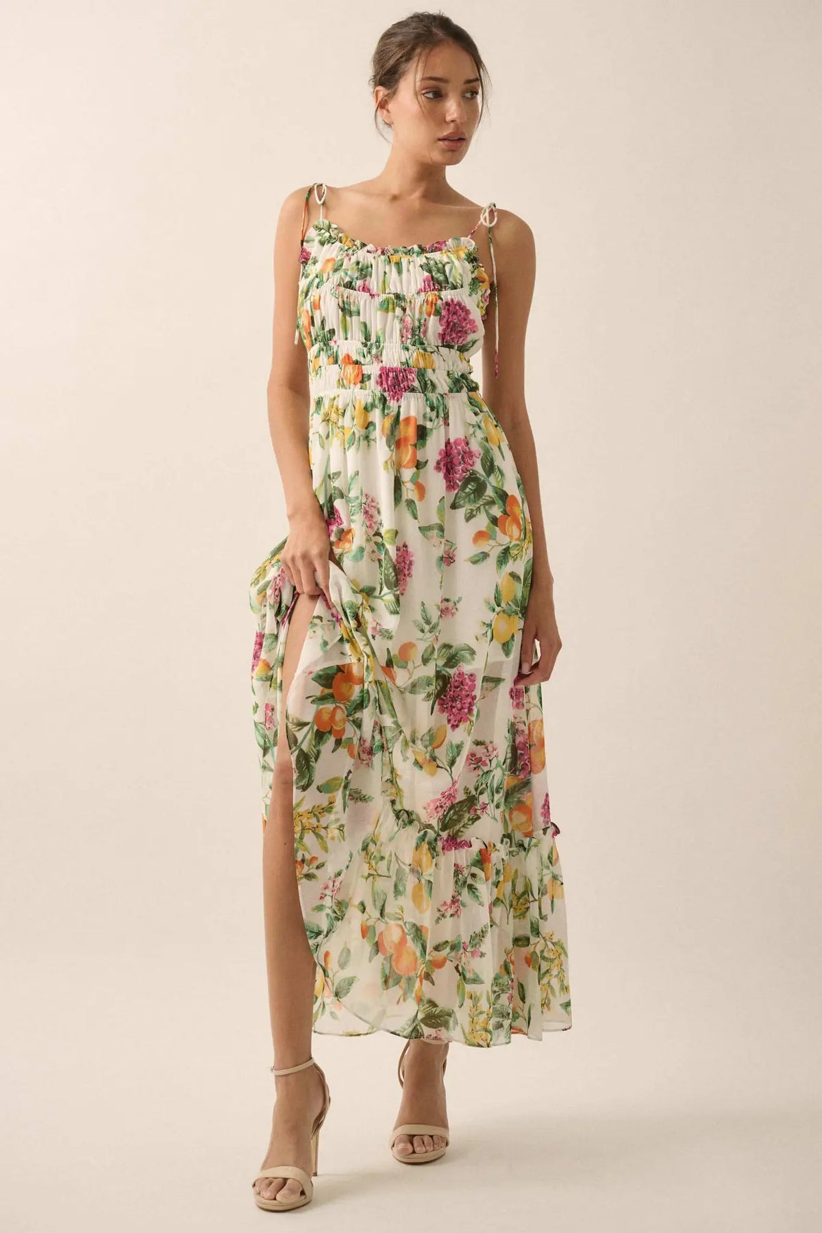Luscious Life Fruit-Print Gathered Maxi Dress
