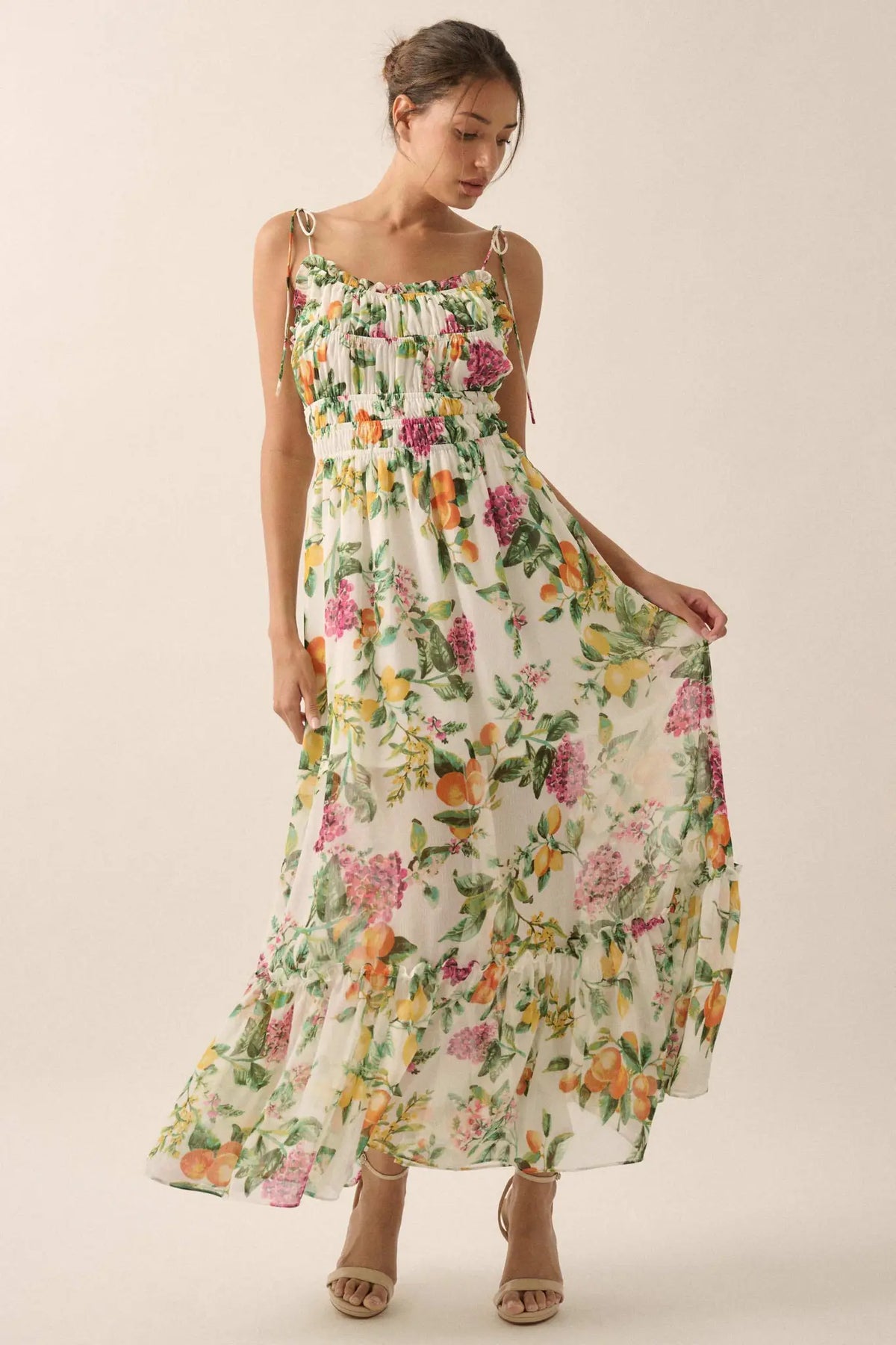 Luscious Life Fruit-Print Gathered Maxi Dress