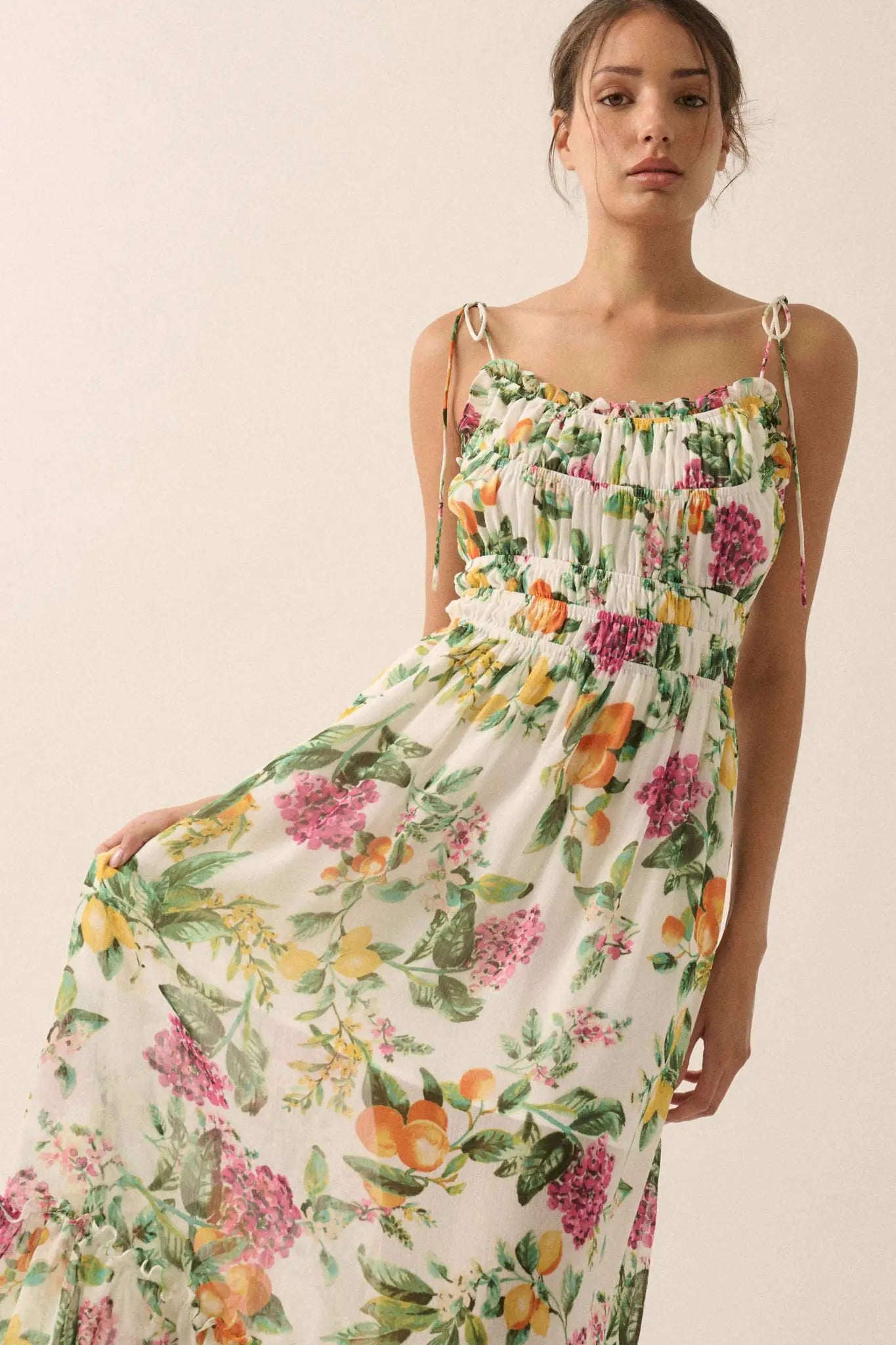 Luscious Life Fruit-Print Gathered Maxi Dress