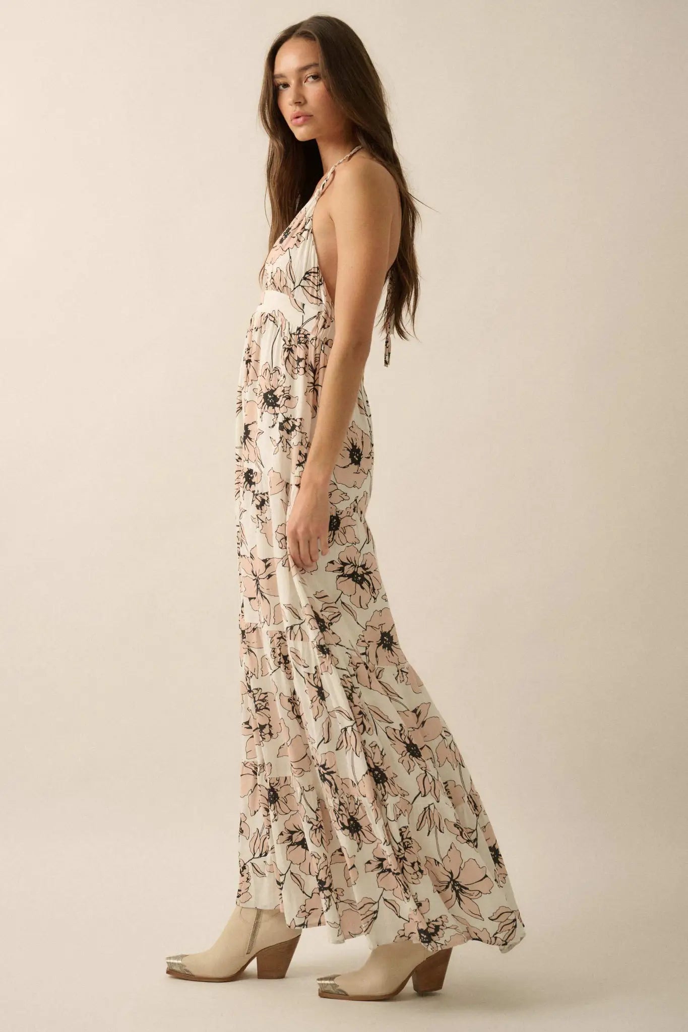 Blown Away Floral Crepe Tiered Halter Maxi Dress