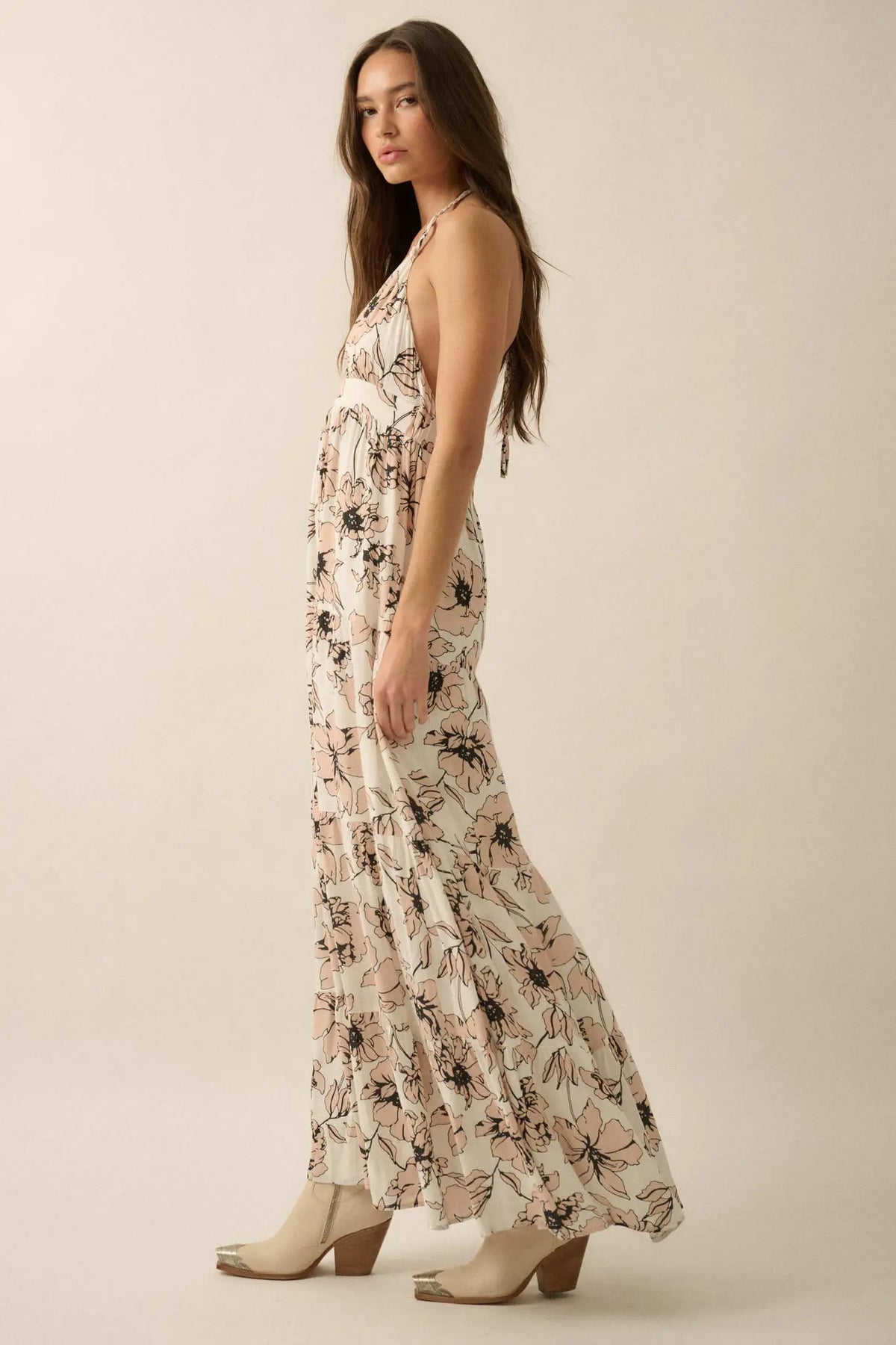 Blown Away Floral Crepe Tiered Halter Maxi Dress