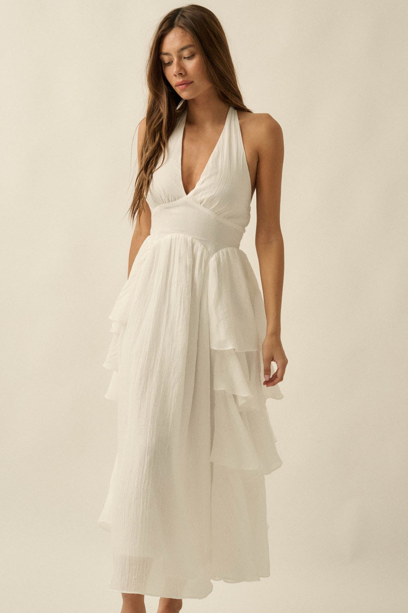 All Aflutter Gauze Tiered Ruffle Halter Maxi Dress