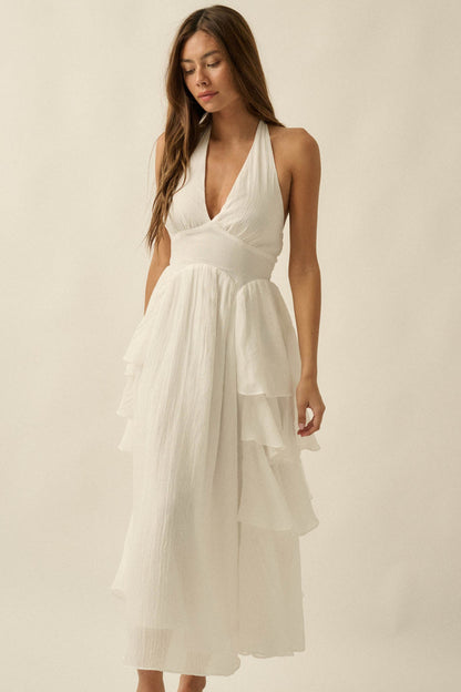 All Aflutter Gauze Tiered Ruffle Halter Maxi Dress