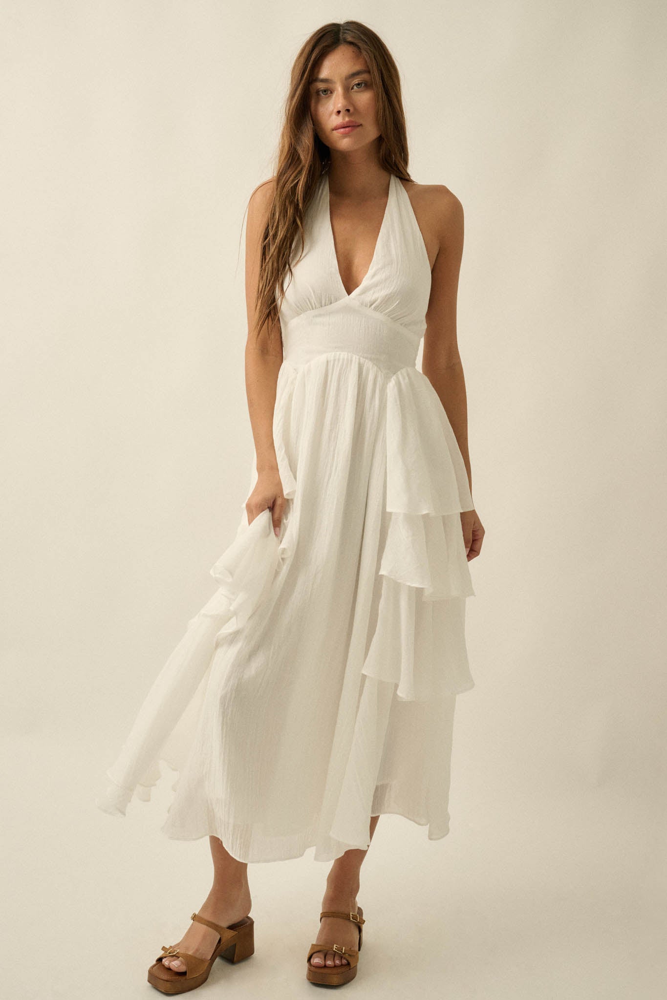 All Aflutter Gauze Tiered Ruffle Halter Maxi Dress