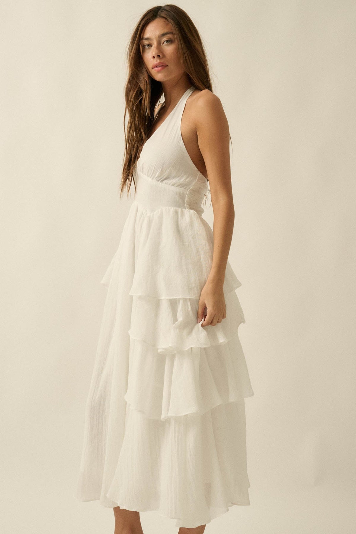 All Aflutter Gauze Tiered Ruffle Halter Maxi Dress