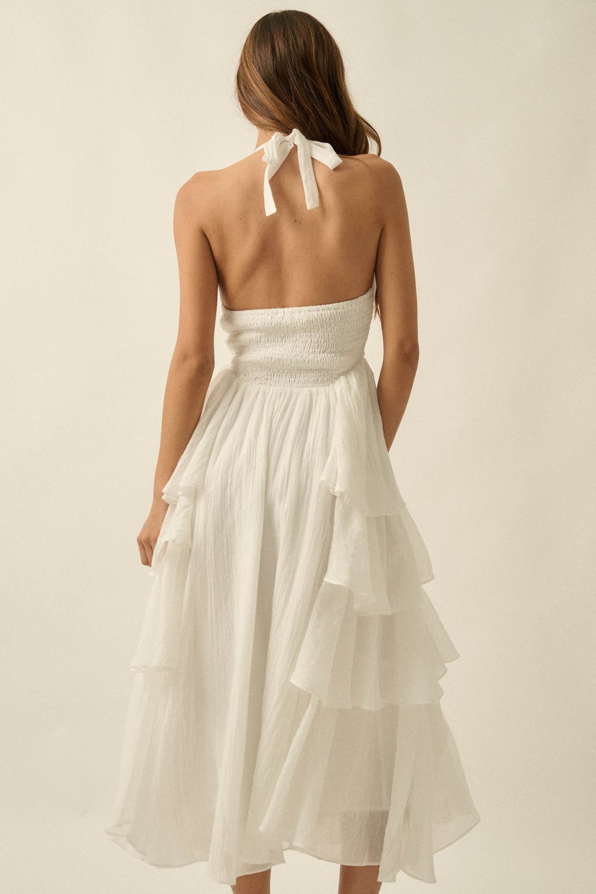 All Aflutter Gauze Tiered Ruffle Halter Maxi Dress