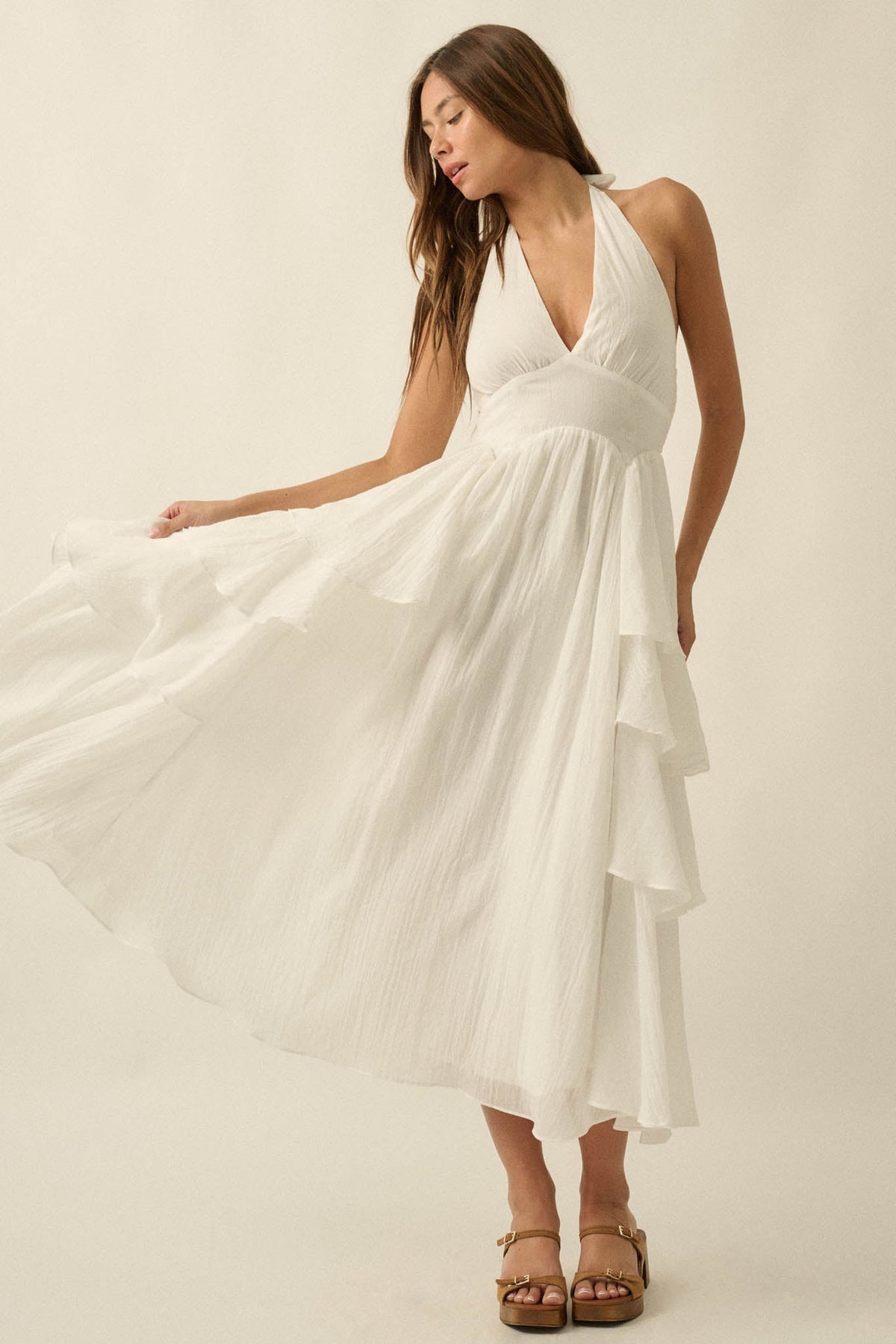All Aflutter Gauze Tiered Ruffle Halter Maxi Dress