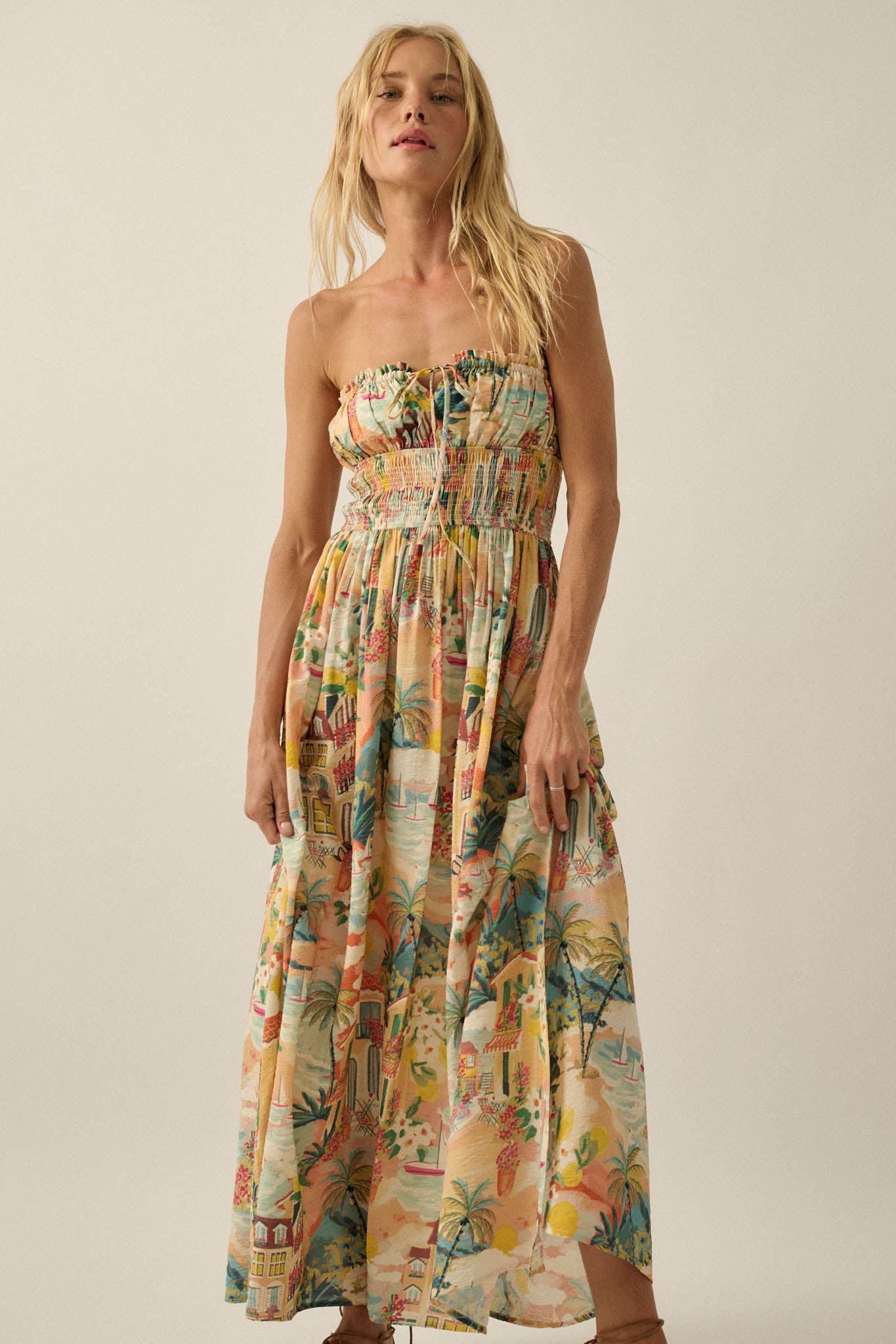Bahama Mama Tropical-Print Strapless Maxi Dress