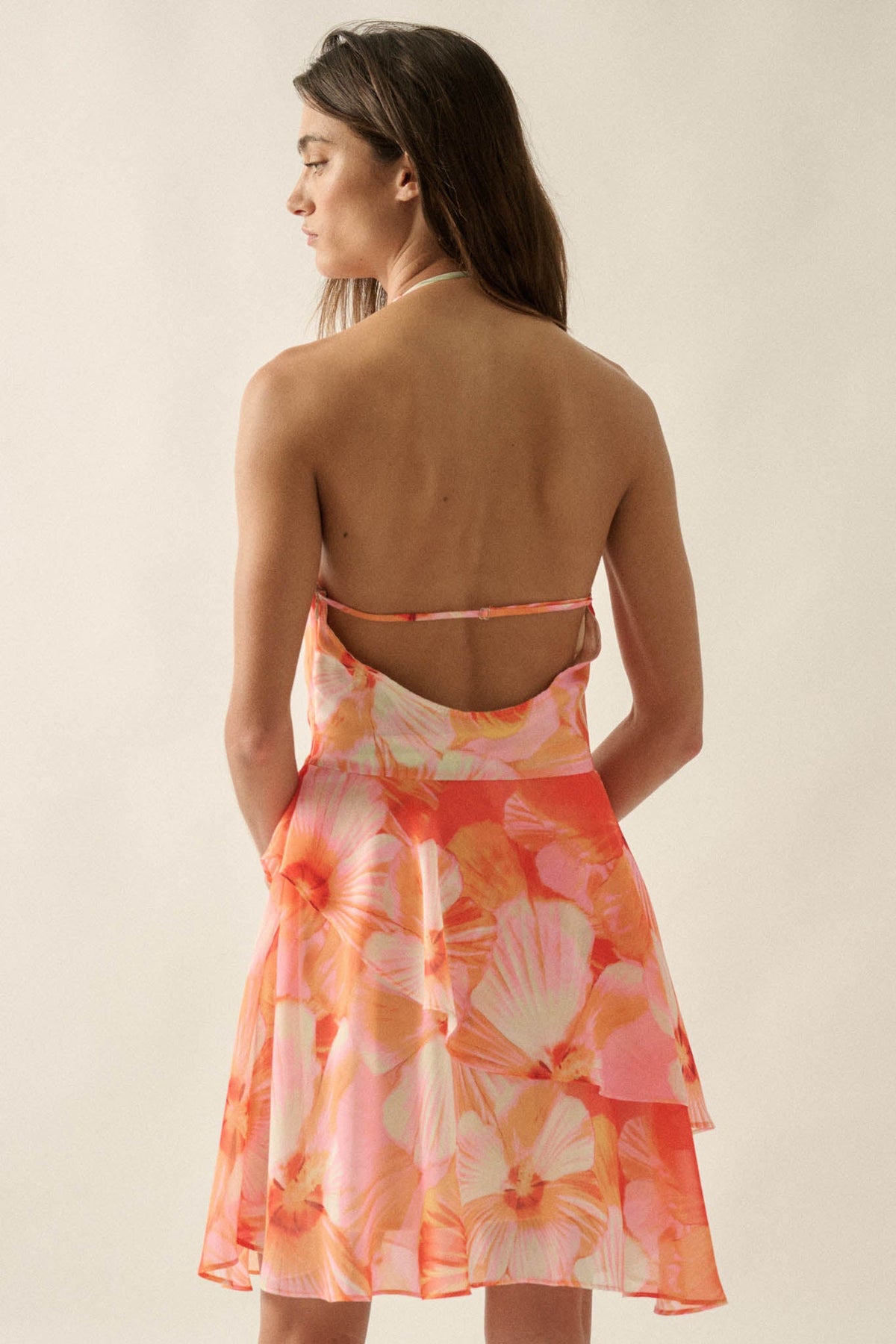 Floral Shores Floral Chiffon Cowl-Neck Mini Dress