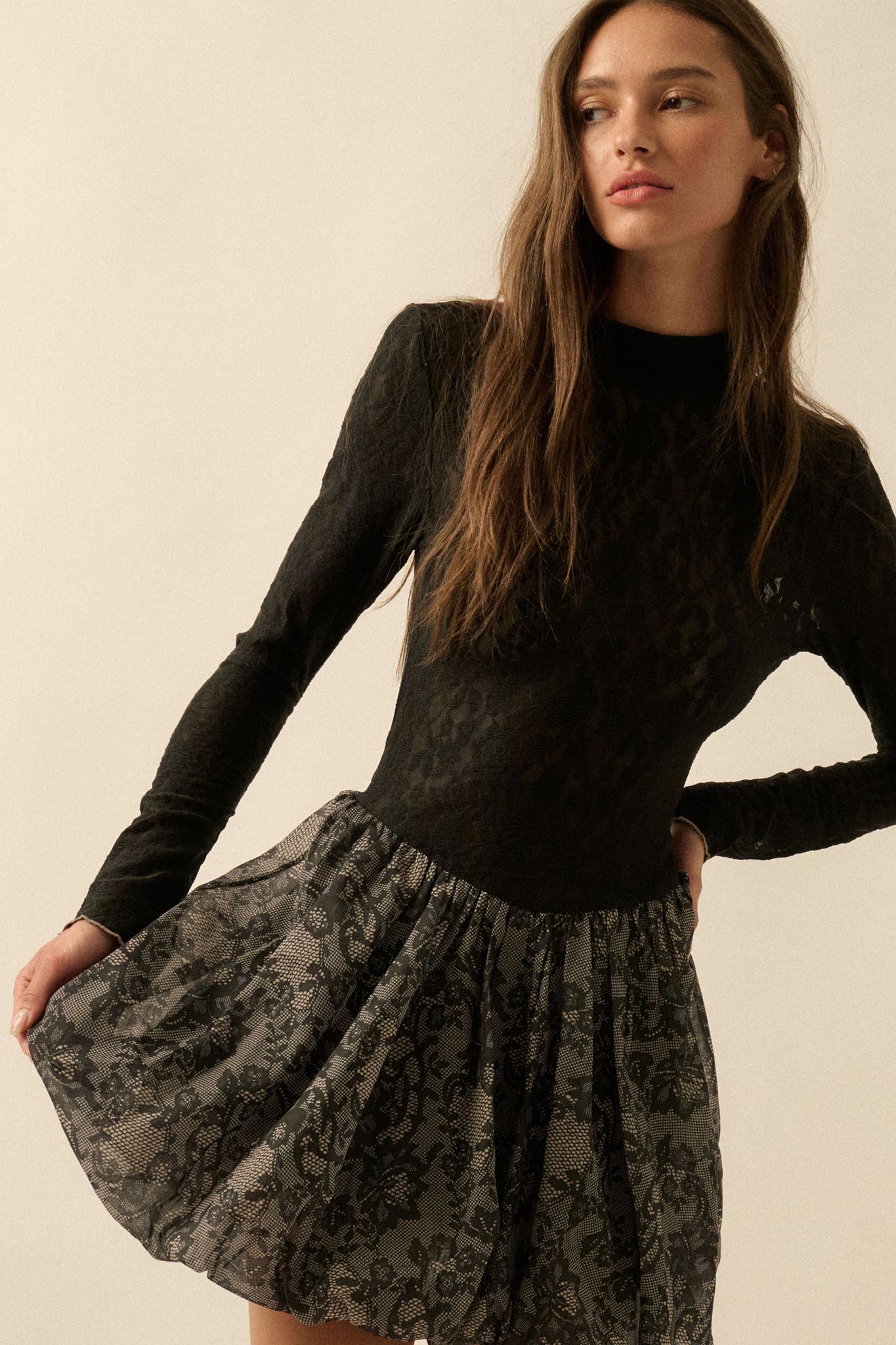 Midnight Romance Lace Mock-Neck Bubble Mini Dress