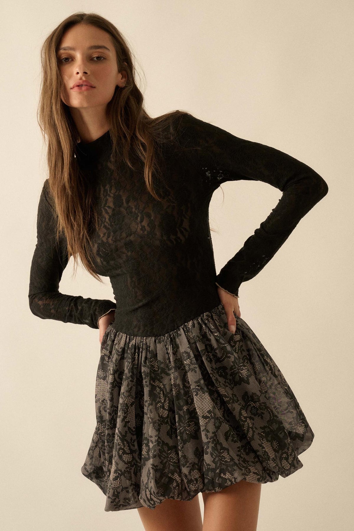 Midnight Romance Lace Mock-Neck Bubble Mini Dress