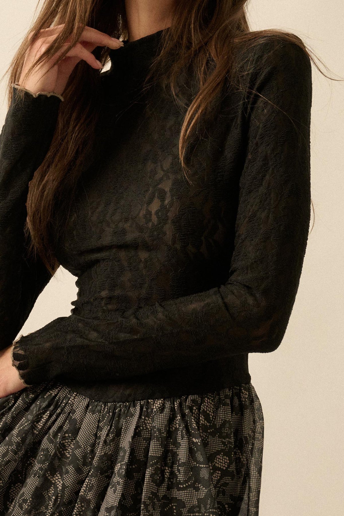 Midnight Romance Lace Mock-Neck Bubble Mini Dress