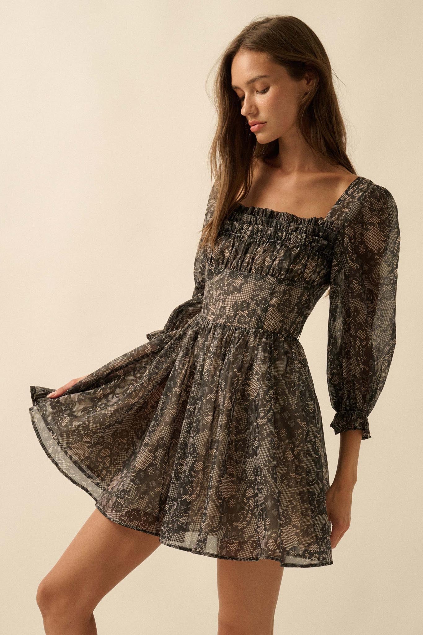 Night to Remember Lace-Print Organza Mini Dress