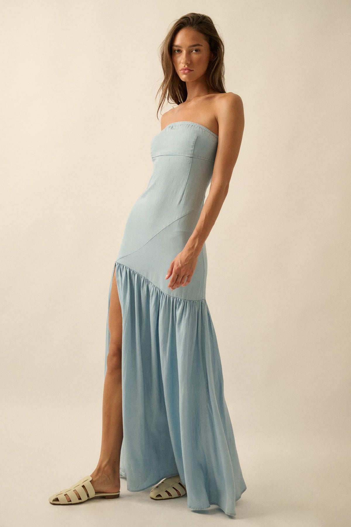 Blue Angel Strapless Denim Drop-Waist Maxi Dress