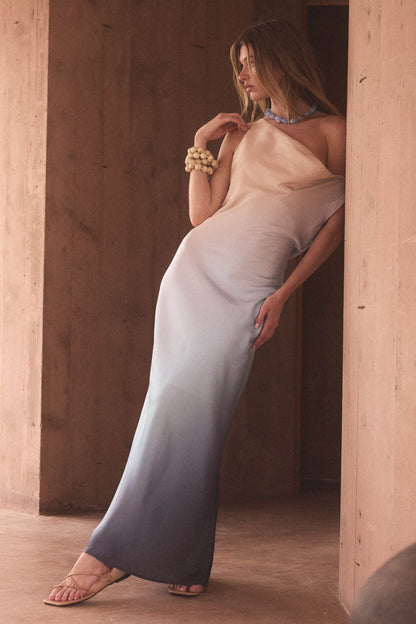 Inner Glow Ombre Satin Cowl-Neck Maxi Dress