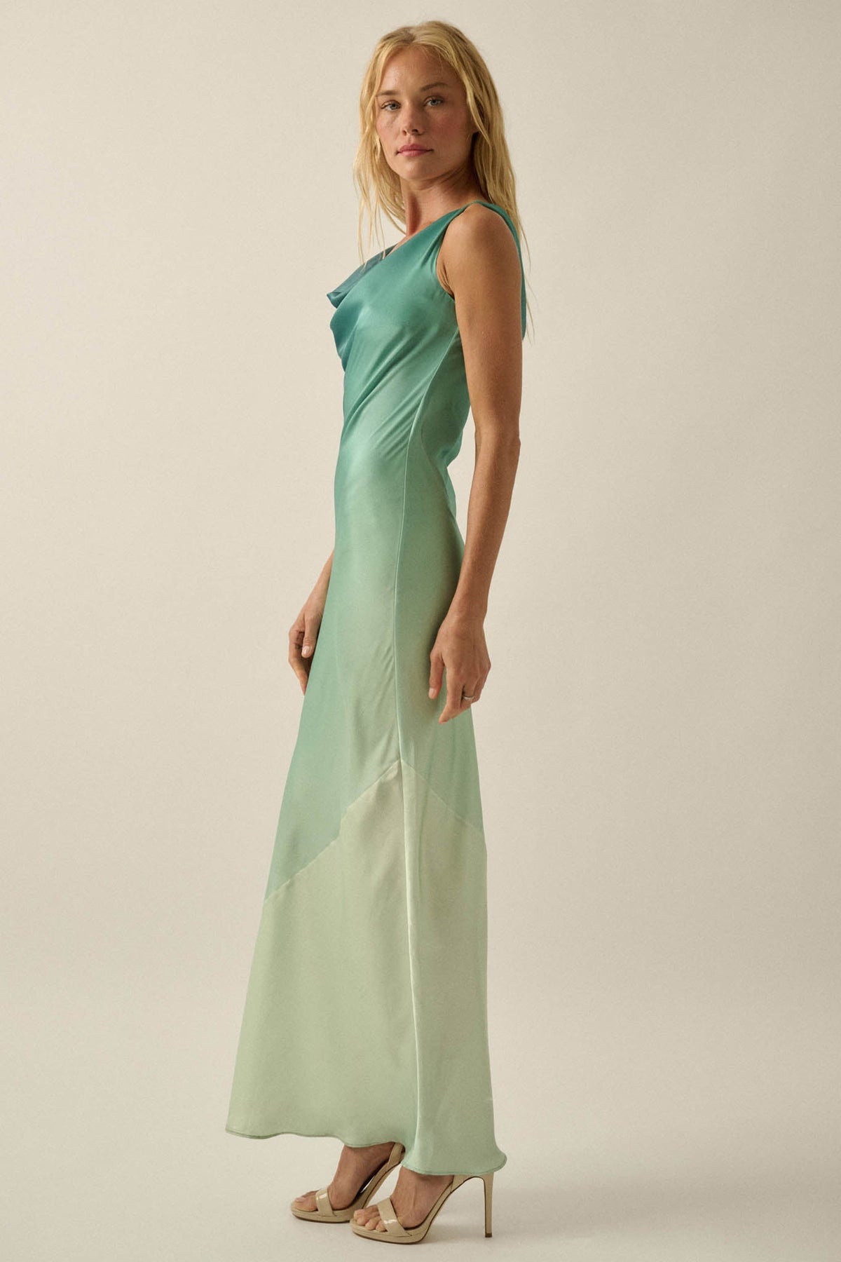 Inner Glow Ombre Satin Cowl-Neck Maxi Dress