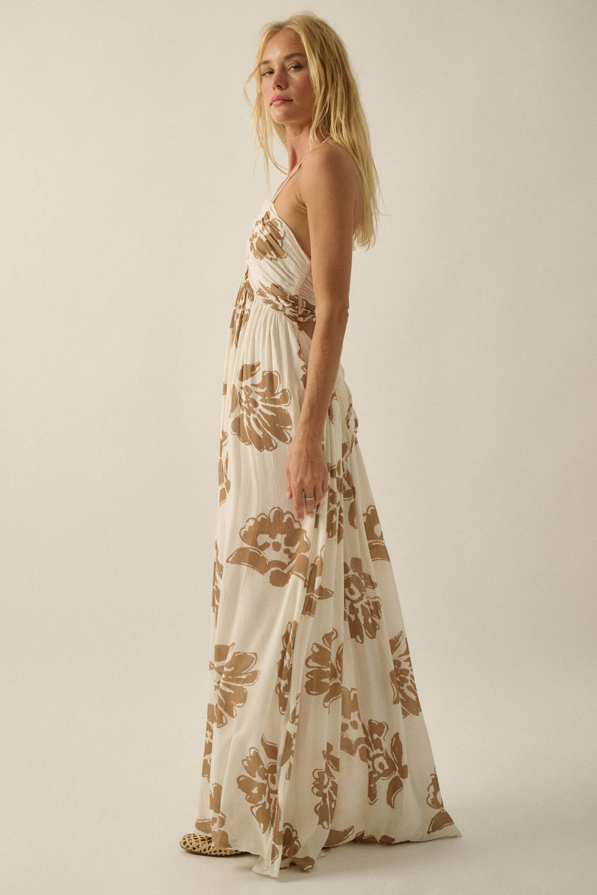 Golden Magnolia Floral Tie-Back Halter Maxi Dress