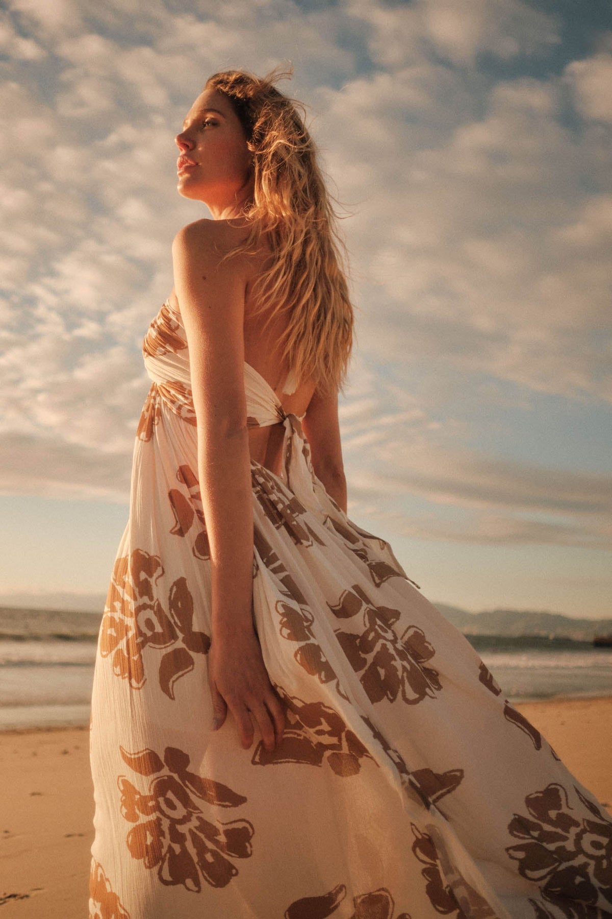 Golden Magnolia Floral Tie-Back Halter Maxi Dress