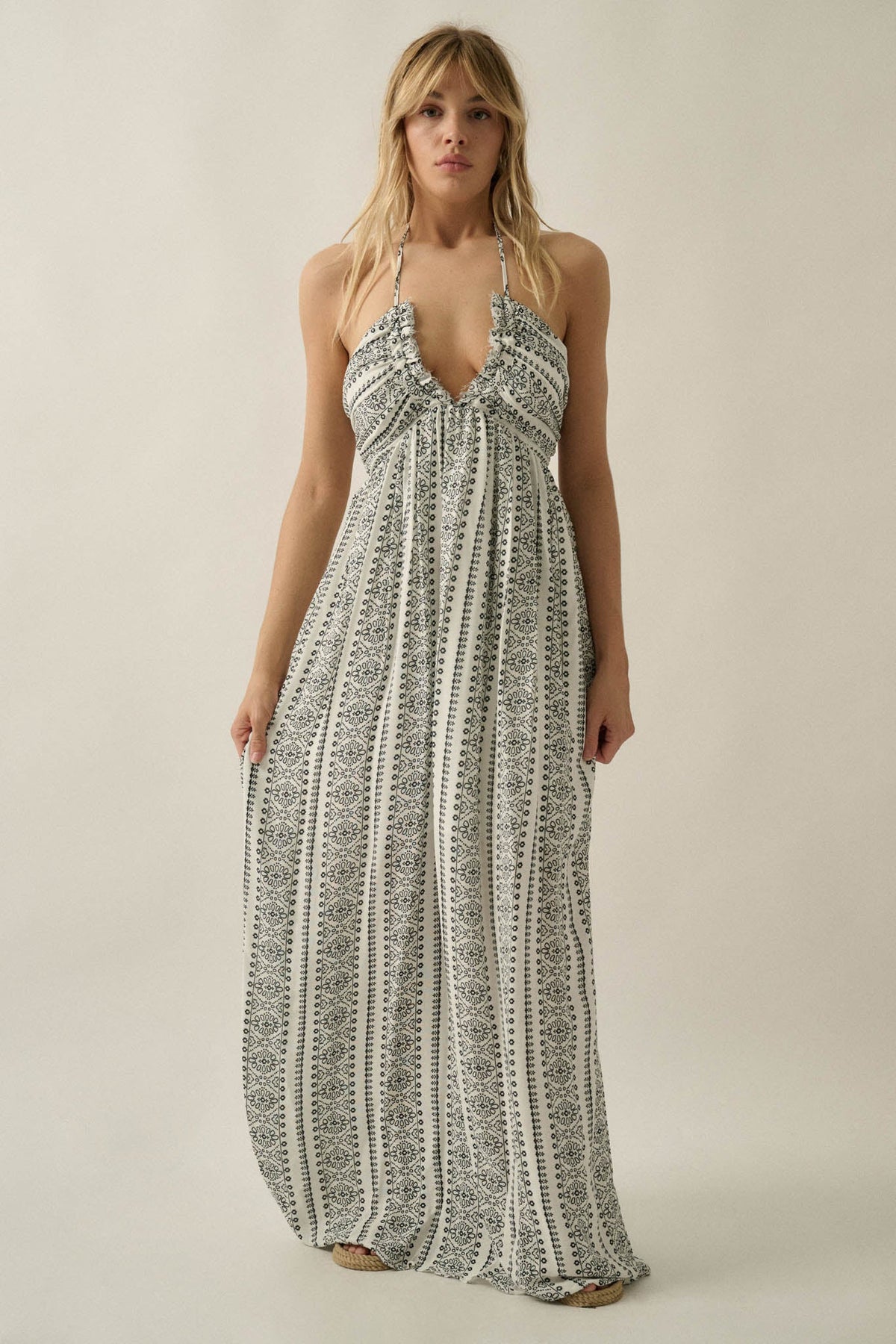 Faraway Beauty Medallion-Print Halter Maxi Dress